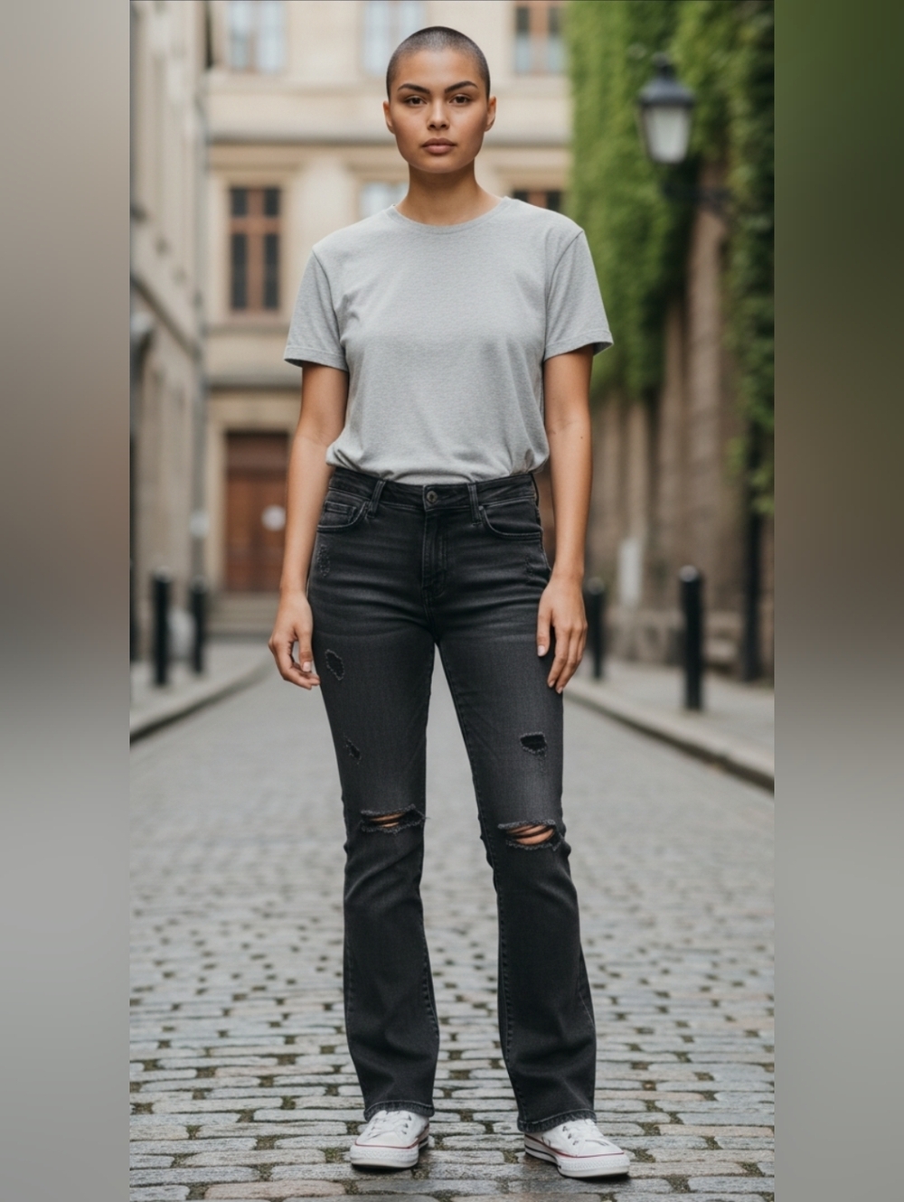 Women's Black Flare Jeans with Distressed Knees